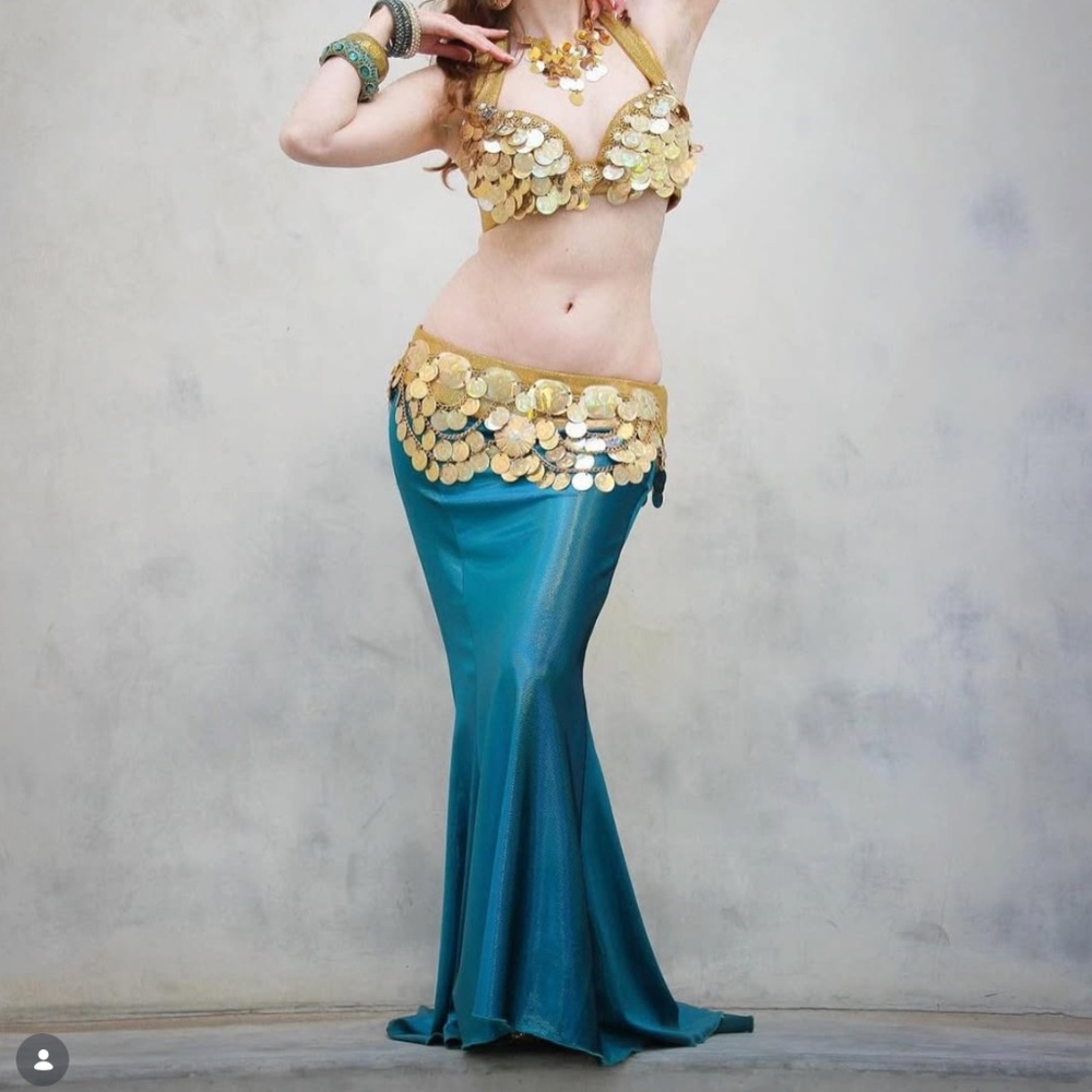 EUC Sold Out Eire Tribal "Sirena" Skirt in Holographic Teal Velvet 39" long